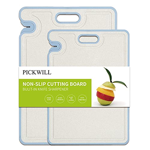 PICKWILL Plastic Cutting Board Set, Plastic Chopping Boards for Kitchen with Knife Sharpener, BPA Free Cutting Boards with Juice Grooves Easy-Grip Handle, Non-Slip, Non-Porous, Dishwasher Safe