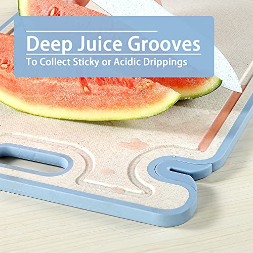 PICKWILL Plastic Cutting Board Set, Plastic Chopping Boards for Kitchen with Knife Sharpener, BPA Free Cutting Boards with Juice Grooves Easy-Grip Handle, Non-Slip, Non-Porous, Dishwasher Safe