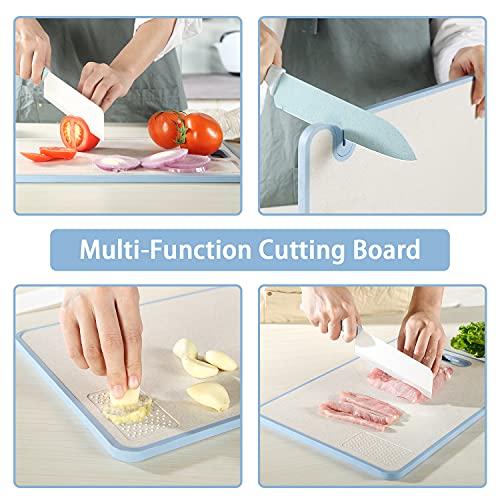 PICKWILL Plastic Cutting Board Set, Plastic Chopping Boards for Kitchen with Knife Sharpener, BPA Free Cutting Boards with Juice Grooves Easy-Grip Handle, Non-Slip, Non-Porous, Dishwasher Safe