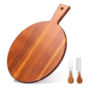 round acacia wood board cutting board with knife fork handle, wood serving board round cheese board charcuterie board cheese paddle board