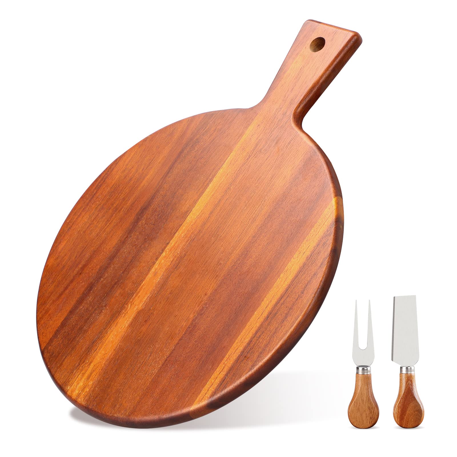 Round Acacia Wood Board Cutting Board with Knife Fork Handle, Wood Serving Board Round Cheese Board Charcuterie Board Cheese Paddle Board