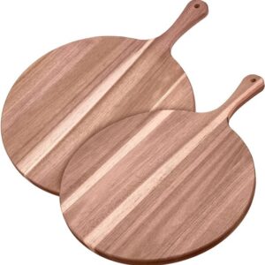 2 Pieces Acacia Wood Round Charcuterie Board 12'' Cutting Board Wooden Pizza Peel Cheese Paddle with Handle for Home Baking, Cheese, Fruits, Vegetables, Bread, Charcuterie Serving,16 x 12 x 0.6 Inch