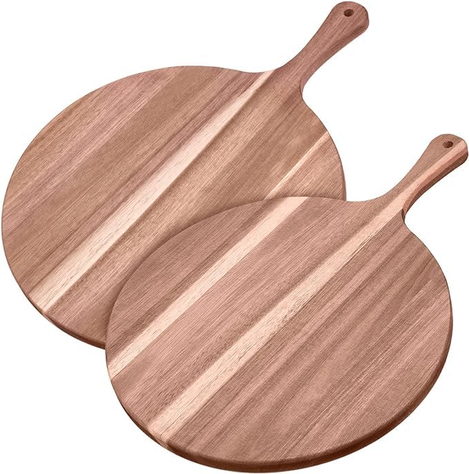 2 Pieces Acacia Wood Round Charcuterie Board 12'' Cutting Board Wooden Pizza Peel Cheese Paddle with Handle for Home Baking, Cheese, Fruits, Vegetables, Bread, Charcuterie Serving,16 x 12 x 0.6 Inch