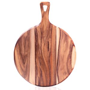 acacia wood cutting board pizza peel - evnsix round cutting boards with handle for kitchen,wooden chopping board countertop for meat, bread, vegetables fruits charcuterie cheese serving paddle board