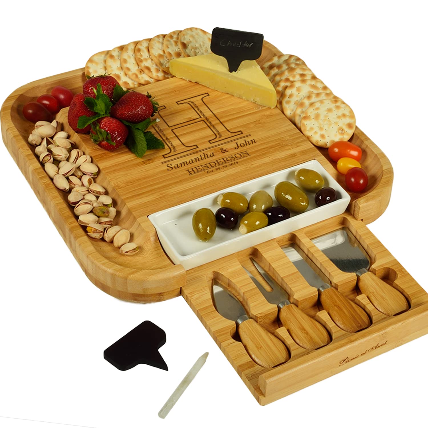 Custom Personalized Engraved Bamboo Cutting Board for Cheese & Charcuterie with Ceramic Dish, Knife Set & Cheese Markers -by Picnic at Ascot USA