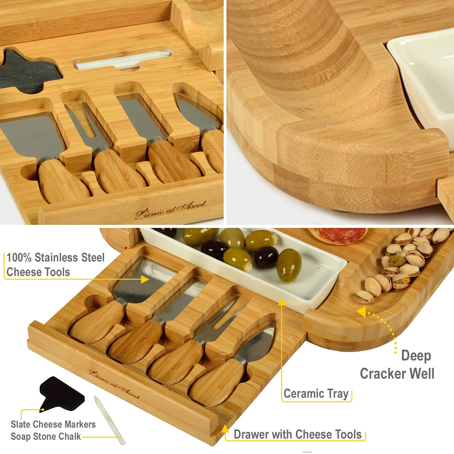 Custom Personalized Engraved Bamboo Cutting Board for Cheese & Charcuterie with Ceramic Dish, Knife Set & Cheese Markers -by Picnic at Ascot USA