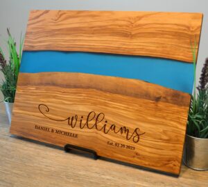 personalized cutting board wedding gift olivewood blue river epoxy live edge display custom engraved charcuterie unique beautiful anniversary newlywed couple parents housewarming (wedding anniversary)