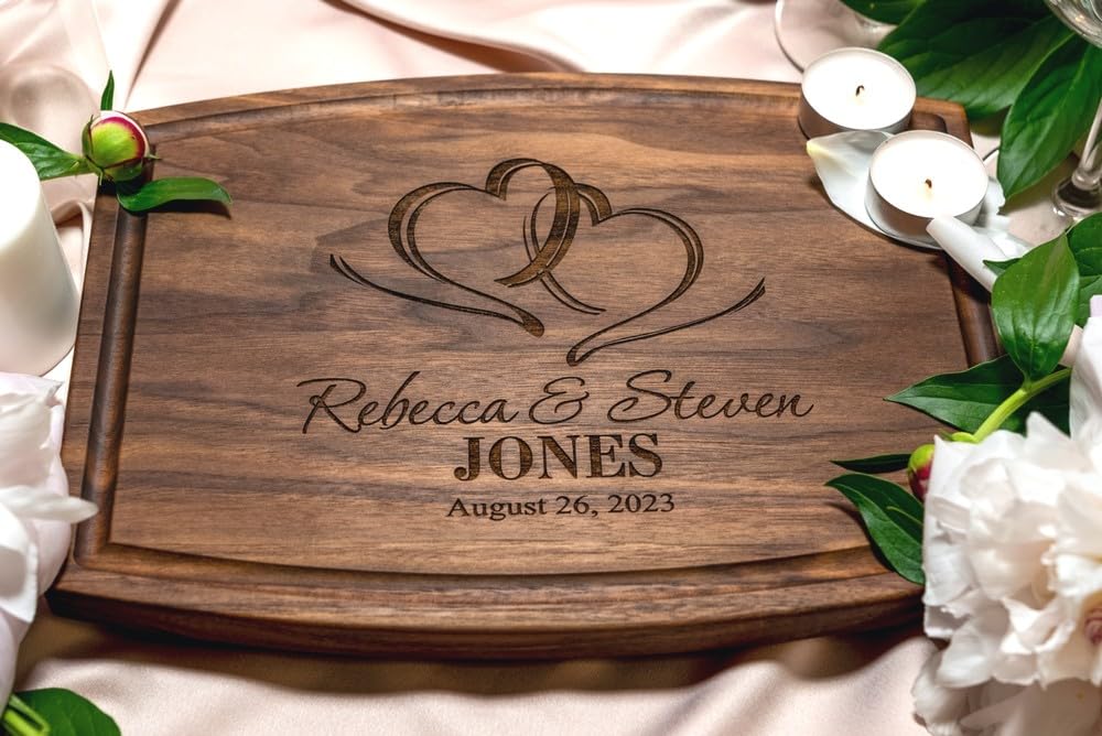 Personalized Cutting Board, Custom Wedding, Anniversary or Housewarming Gift Idea, Wood Engraved Charcuterie, for Newlyweds and Couples, Two Hearts Design 027