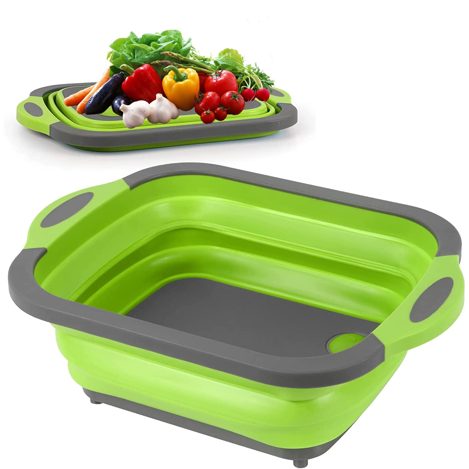 Collapsible Cutting Board - Portable Multi-Purpose Dish Tub - Washing and Draining Fruits and Veggies with Food-Grade Sink Storage - Multifunctional Basket for BBQ, Picnic,Camping and Sink (Green)