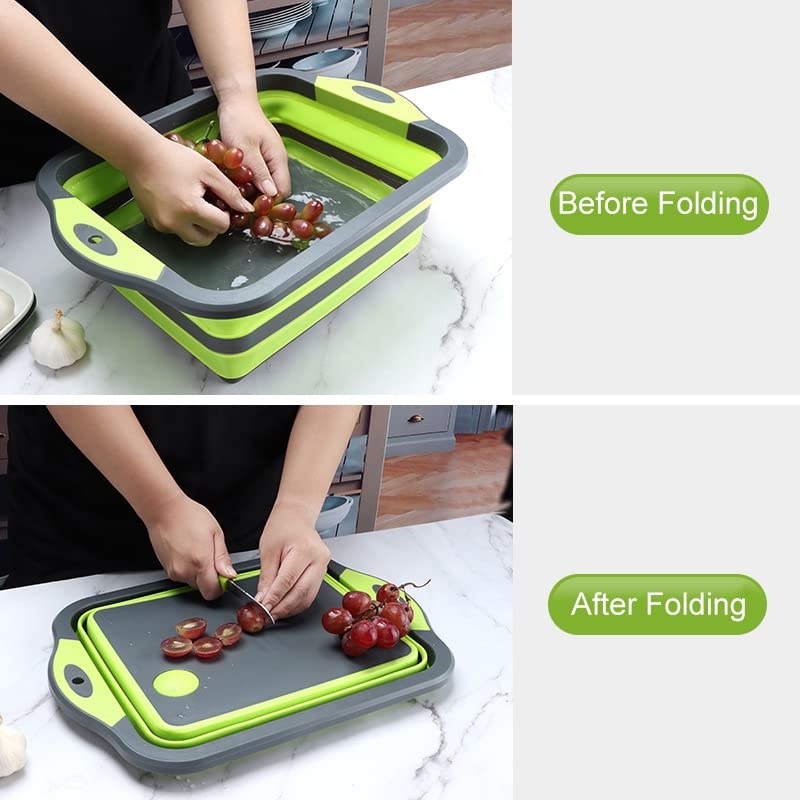 Collapsible Cutting Board - Portable Multi-Purpose Dish Tub - Washing and Draining Fruits and Veggies with Food-Grade Sink Storage - Multifunctional Basket for BBQ, Picnic,Camping and Sink (Green)