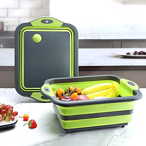 Collapsible Cutting Board - Portable Multi-Purpose Dish Tub - Washing and Draining Fruits and Veggies with Food-Grade Sink Storage - Multifunctional Basket for BBQ, Picnic,Camping and Sink (Green)