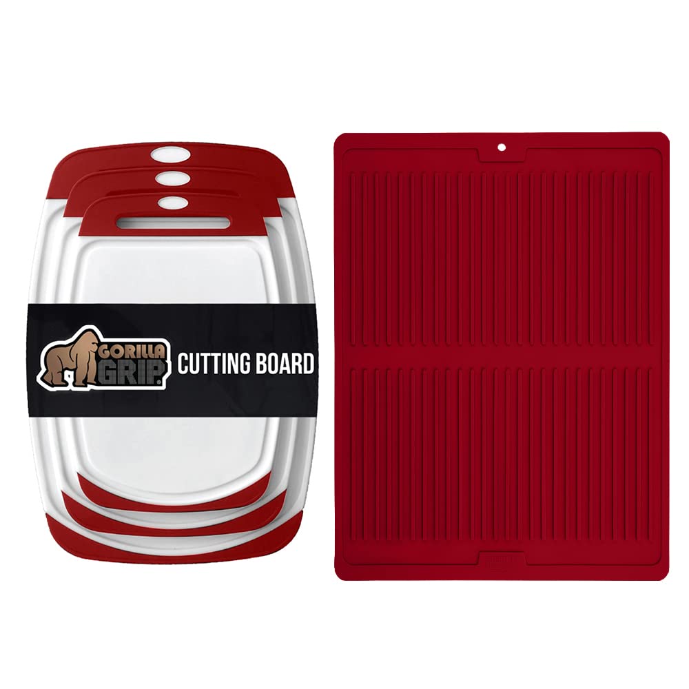 Gorilla Grip Cutting Board Set of 3 and Silicone Dish Drying Mat, Both in Red Color, Cutting Boards are Reversible, Slip Resistant Drying Mat is Size 16x12, 2 Item Bundle