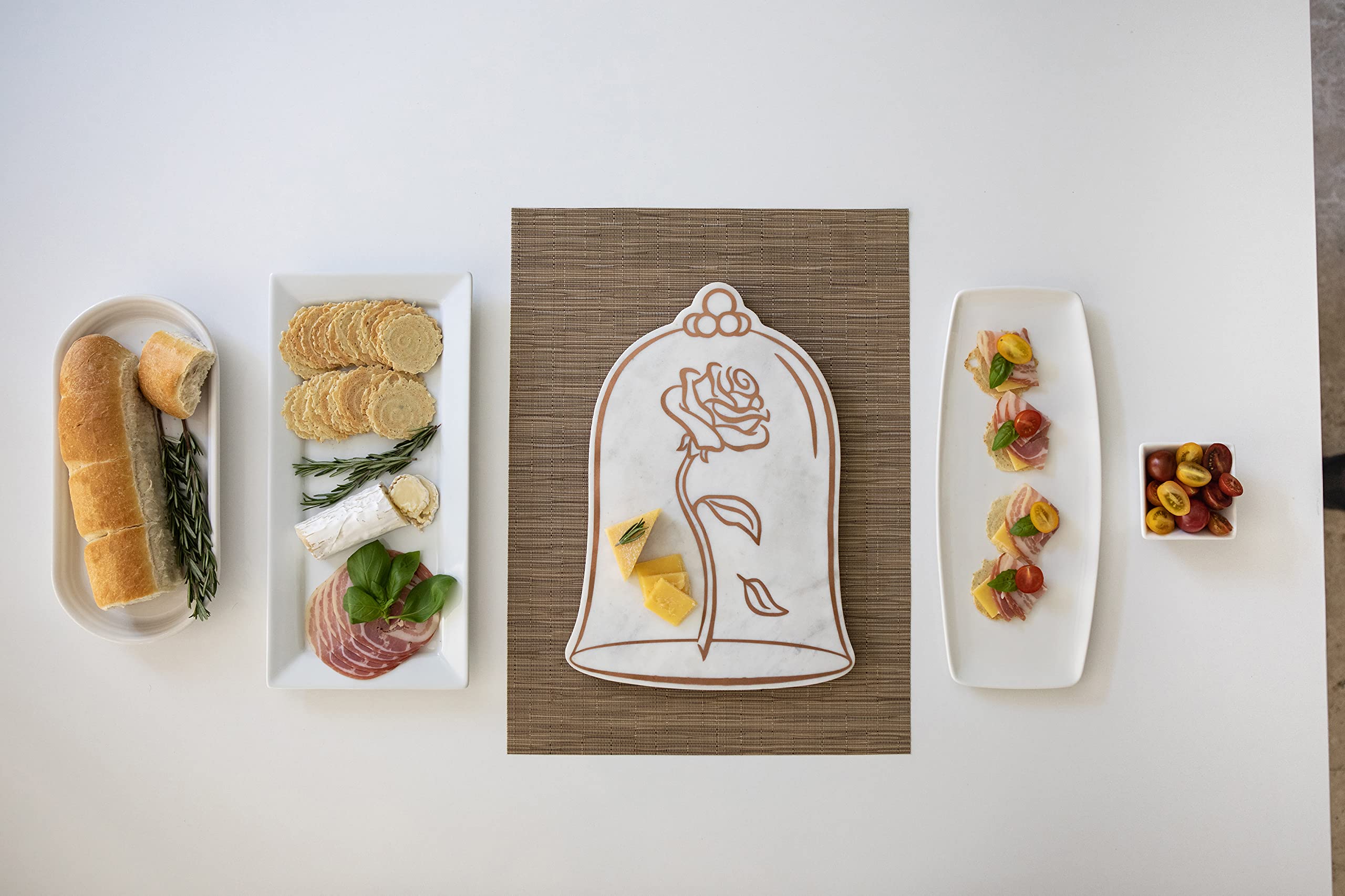 PICNIC TIME Disney Princess Beauty & the Beast Marble Serving Stone, Cheese Board, Charcuterie Board, Serving Tray, (White Marble with Rose Gold Accents)