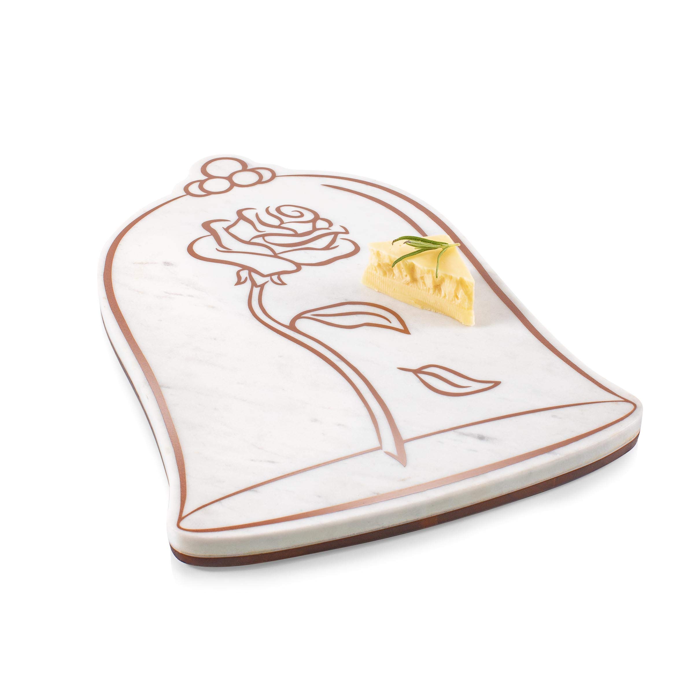 PICNIC TIME Disney Princess Beauty & the Beast Marble Serving Stone, Cheese Board, Charcuterie Board, Serving Tray, (White Marble with Rose Gold Accents)