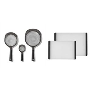 oxo good grips 3-piece strainer set (black) and 2-piece plastic cutting board set (clear)