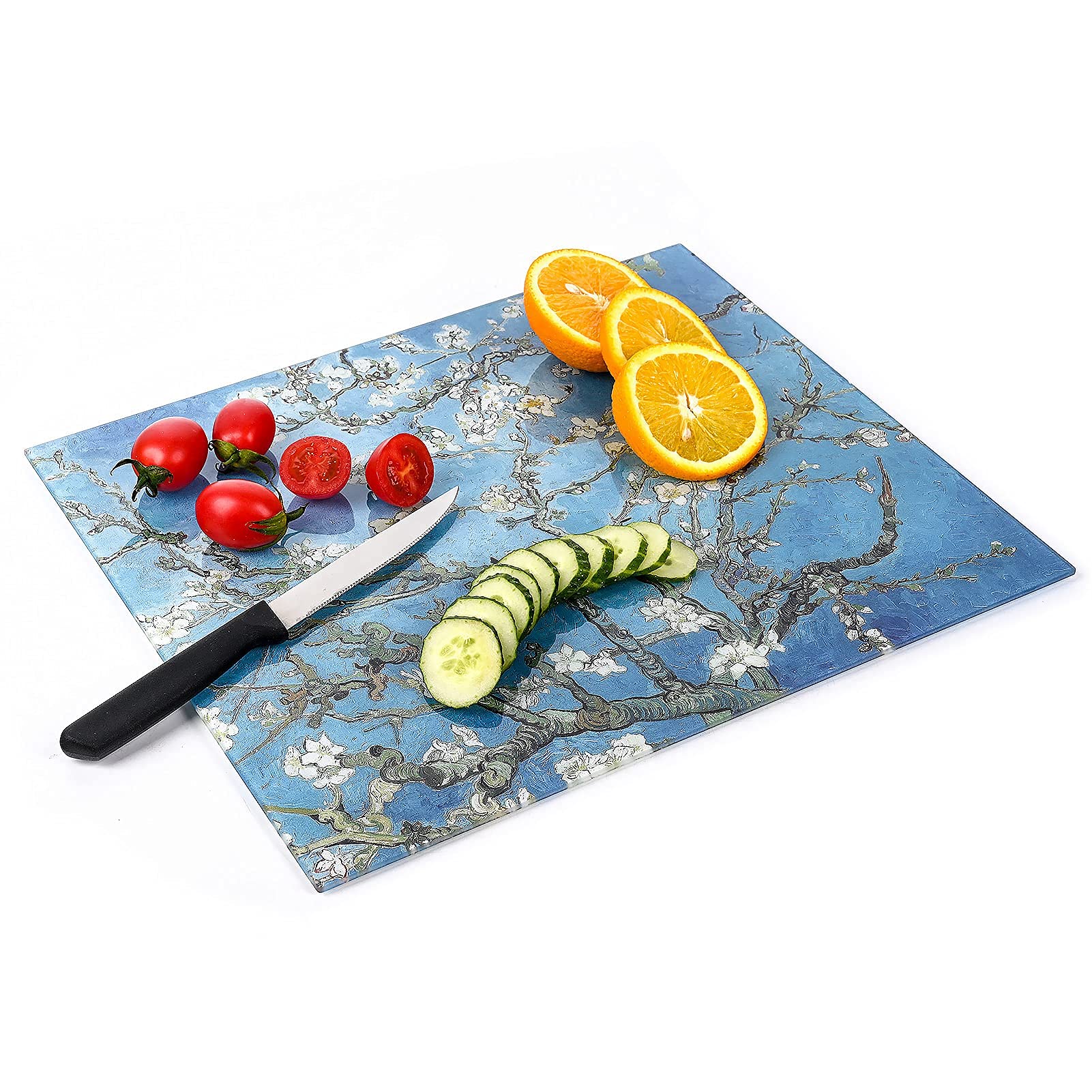 Menesia Tempered Glass Cutting Board for Kitchen, Van Gogh Design Green Flower, Large Heat Resistant Cutting Boards, Dishwasher Safe Chopping Board(Large 12x14inch)