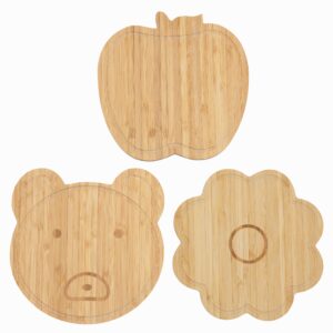 smartified small cutting boards, sustainable bamboo wood, multipurpose as kids’ plates and kitchen decor, 3 pcs, apple-bear-flower designs, 7.5’’x7.5’’x0.4’’