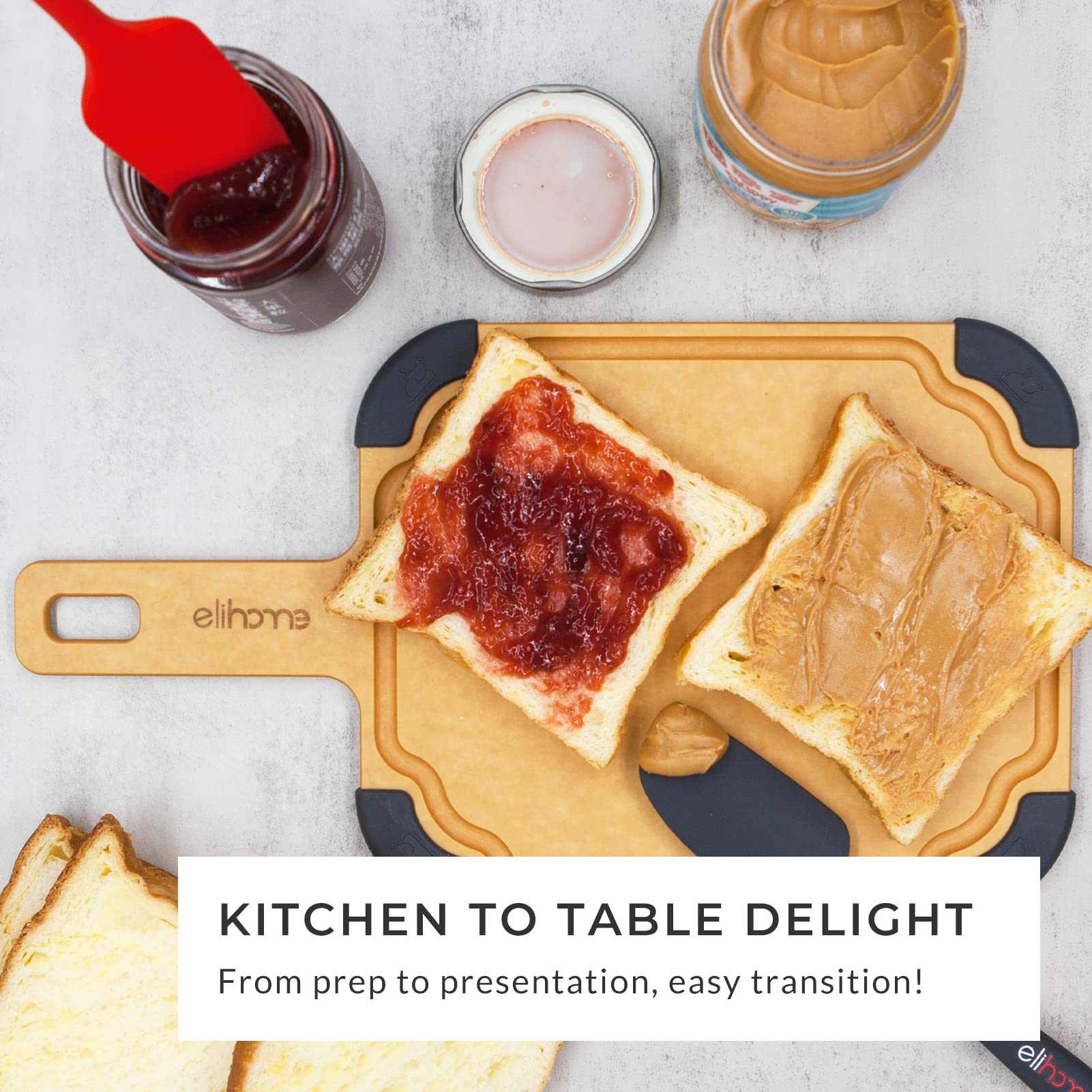 Elihome Paddle Series Kitchen Cutitng Board& Serving Board with handle,Juice Groove,Non-slip Feet,Dishwasher Safe,Reversible,Wood Fiber Composite,Eco-Friendly,Non-Porous,Small- 13.5" x 7.5" Natural