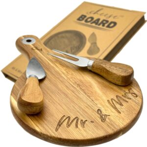 mr & mrs wedding gift small acacia wood cheese board for charcuterie. laser engraved present in a book like box for newlywed couples. stainless steel utensils.(round)