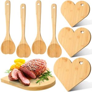7 pcs heart wood cutting board and spoons kitchen utensils set include 3 pcs cutting board and 4 pcs bamboo spoons for valentine's day gifts charcuterie stirring