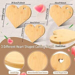 7 Pcs Heart Wood Cutting Board and Spoons Kitchen Utensils Set Include 3 Pcs Cutting Board and 4 Pcs Bamboo Spoons for Valentine's Day Gifts Charcuterie Stirring