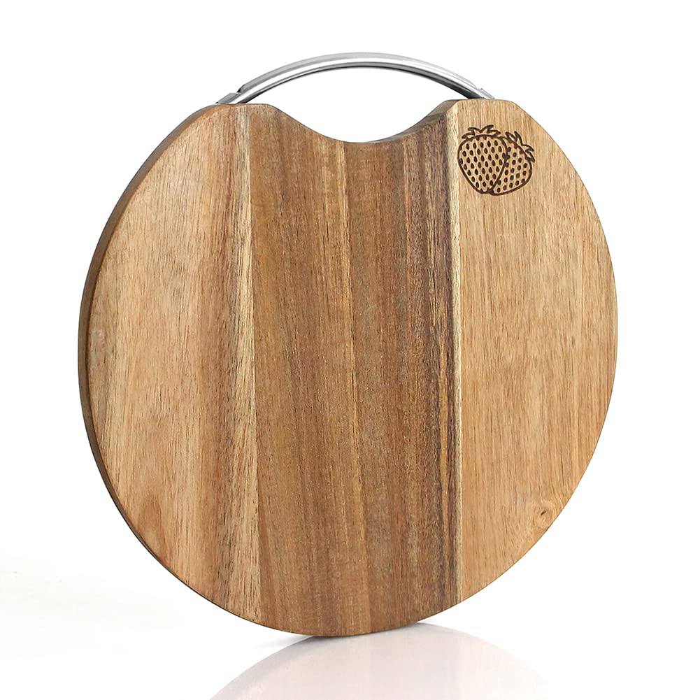 YFWOOD Acacia Wood Round Chopping Boards,11.8" Reversible Durable Round Cutting Boards with Handle, Charcuterie Board Round Serving for Kitchen