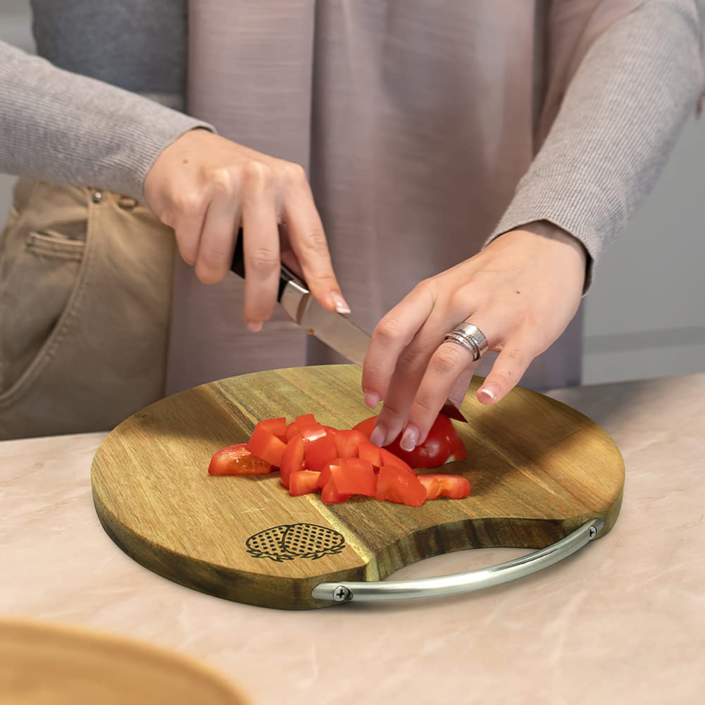 YFWOOD Acacia Wood Round Chopping Boards,11.8" Reversible Durable Round Cutting Boards with Handle, Charcuterie Board Round Serving for Kitchen