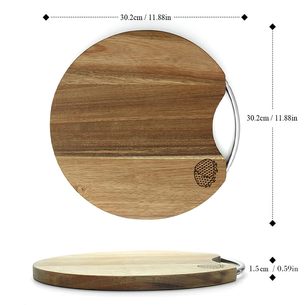 YFWOOD Acacia Wood Round Chopping Boards,11.8" Reversible Durable Round Cutting Boards with Handle, Charcuterie Board Round Serving for Kitchen