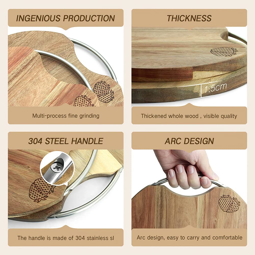 YFWOOD Acacia Wood Round Chopping Boards,11.8" Reversible Durable Round Cutting Boards with Handle, Charcuterie Board Round Serving for Kitchen