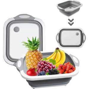 my development 3-in-1 collapsible dish tub | multifunctional foldable cutting board for washing, cutting, and chopping | collapsible wash basin | grey