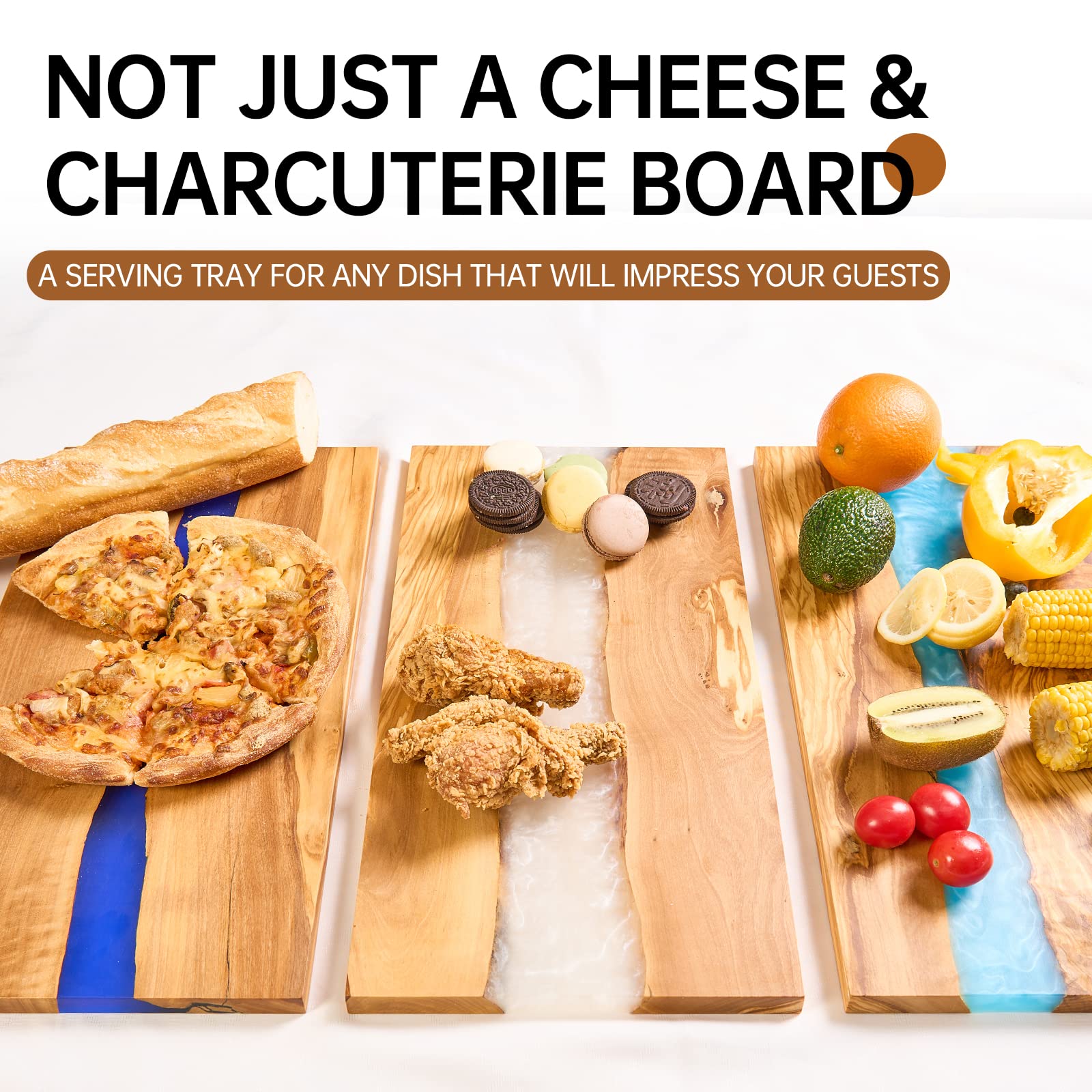 Greenmemo Italian Olive Wood luxury Cheese board with Resin, Charcuterie board, Chopping and Cutting Board for Meat Vegetable & Fruit, Wooden Epoxy Serving Board (Blue And White Gradient)