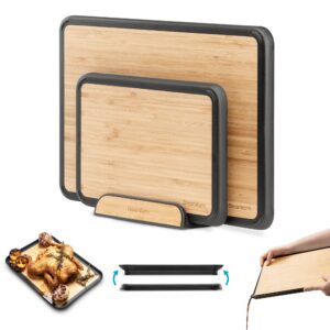 dreamfarm set of fledge bamboo | two double sided cutting boards with juice grooves | with non-slip rubber feet | transport & serve food from counter to pot with flip up edges | bamboo