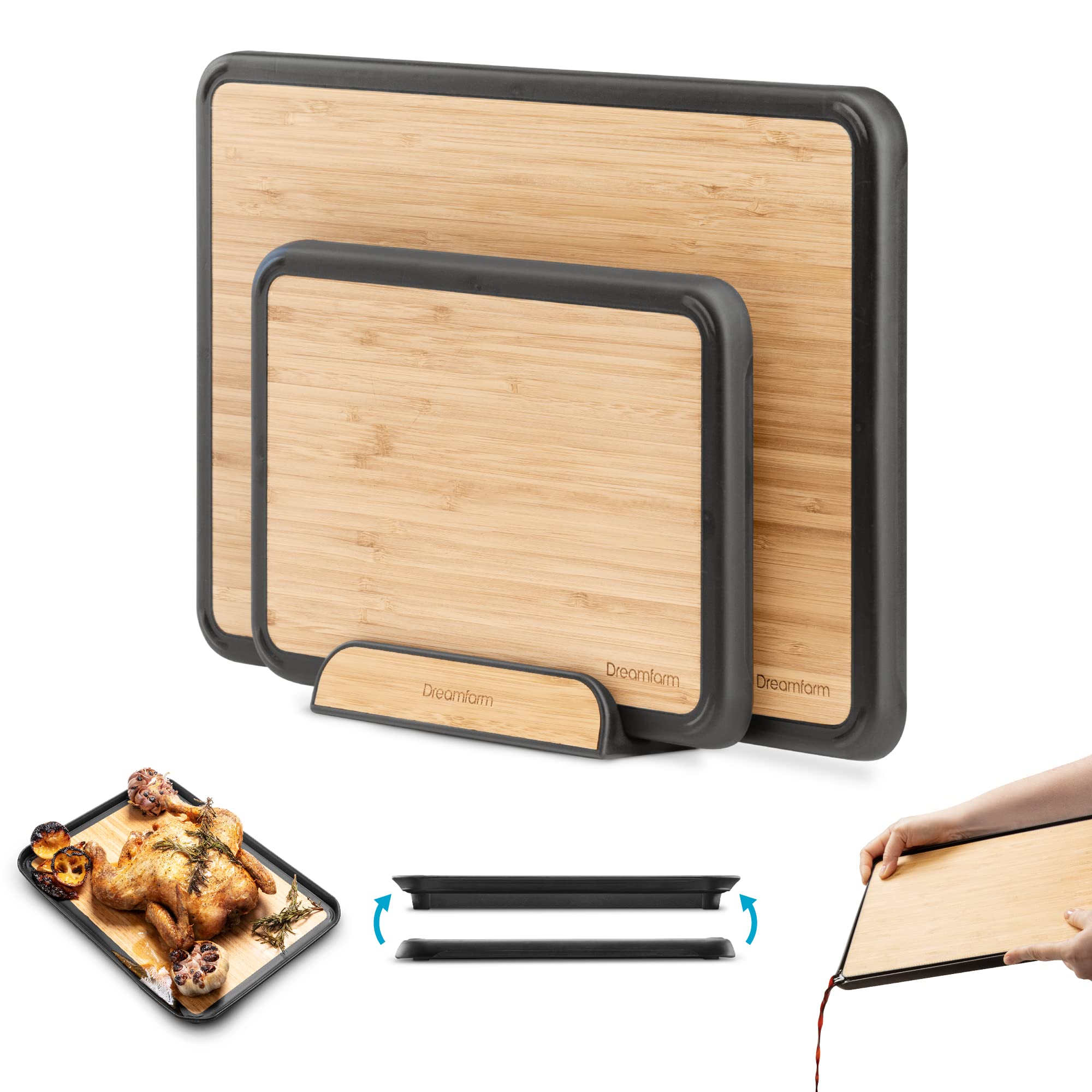 Dreamfarm Set of Fledge Bamboo | Two Double Sided Cutting Boards with Juice Grooves | With Non-Slip Rubber Feet | Transport & Serve Food from Counter to Pot with Flip Up Edges | Bamboo