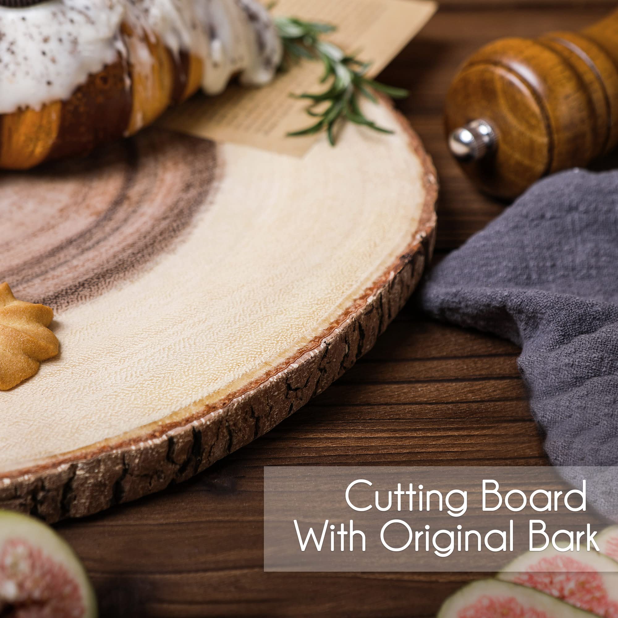TALENT Wood Cutting Board, Round Cutting Board with Original Bark, Hand Craft Serving Board for Meat, Cheese & Vegetables, Food Prep & Serving Tray 12.4 Inch