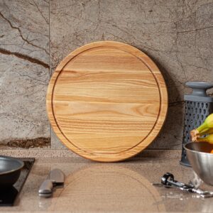 14” Light Solid Wood Round Pizza Cutting Board - Chopping Wood Pad Beechwood Cutting Board - Round Wooden Board Charcuterie - Mini Small Breadboard for Kitchen