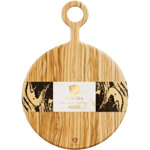 dofira italian olive wood round cutting board with ring handle, decorative wooden serving board for kitchen, reversible charcuterie platter for cheese, pizza, bread, meat, fruits, 17x12in [gift box]