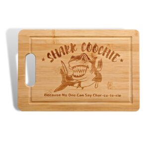 shark cootie charcuterie board, because no one can say charcuterie, 14 in cheese board, cutting board laser engraved shark pattern, serving tray, funny housewarming gift