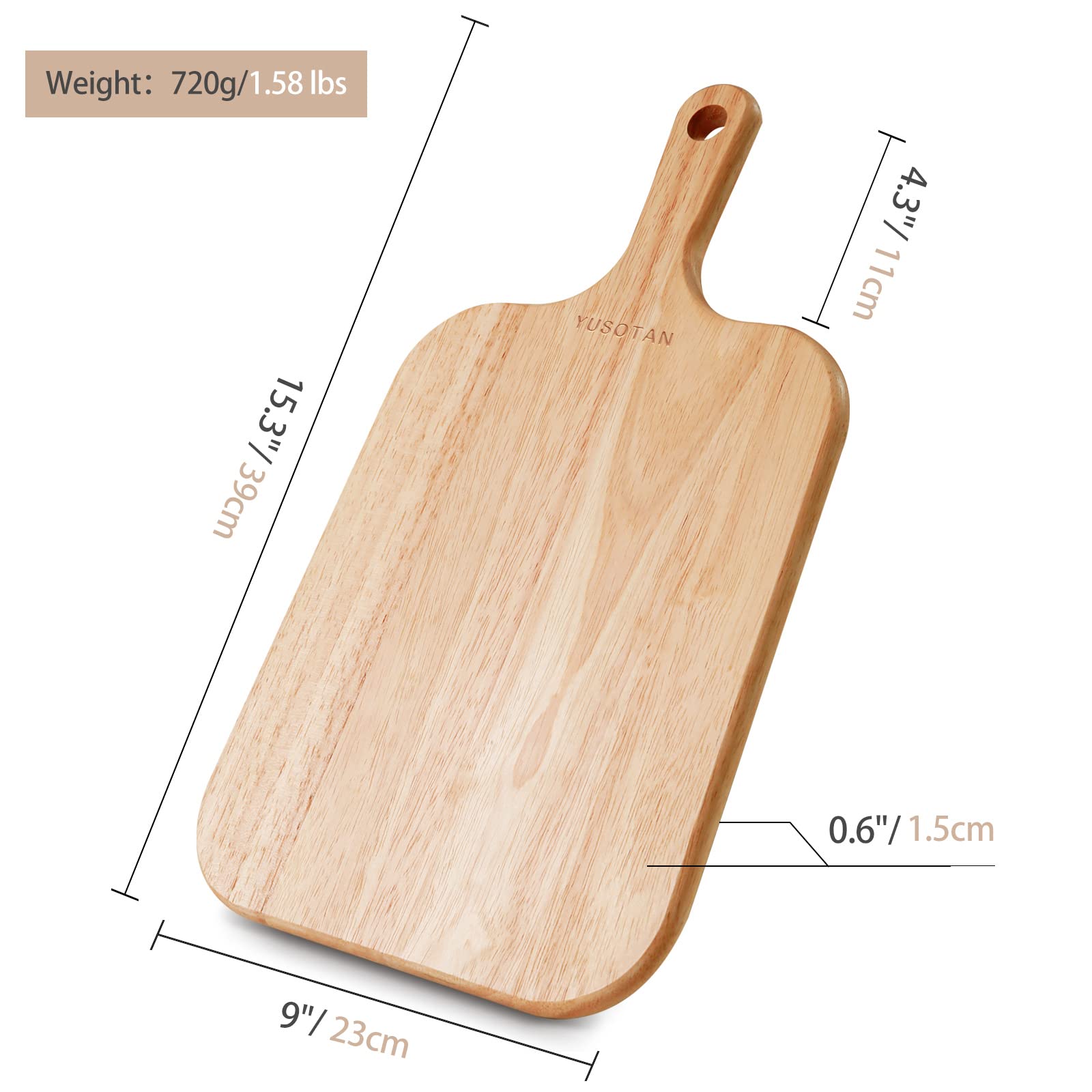 YUSOTAN Rubber Wood Cutting Board with Handle - Versatile for Meat, Cheese, Vegetables, Bread, and Charcuterie - Decorative Serving Board for Kitchen and Dining Room. Size: 13" x 8"