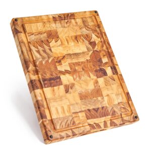 tuso butcher block cutting board [17 x 13 x 1.5 inches ] end grain teak wood cutting board - reversible multipurpose with non-slip feet, juice groover, sorting compartments and built-in handles