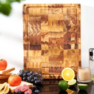 TUSO Butcher Block Cutting Board [17 x 13 x 1.5 inches ] End Grain Teak Wood Cutting Board - Reversible Multipurpose with Non-Slip Feet, Juice Groover, Sorting Compartments and Built-in Handles