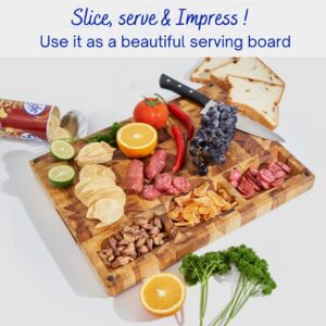 TUSO Butcher Block Cutting Board [17 x 13 x 1.5 inches ] End Grain Teak Wood Cutting Board - Reversible Multipurpose with Non-Slip Feet, Juice Groover, Sorting Compartments and Built-in Handles