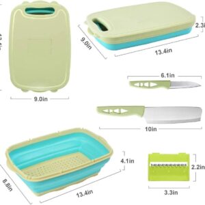 AJH3 ESSENTIALS 9-in-1 Collapsible Cutting Board with Colander and Prep Tub: The Ultimate Meal Prep Station for Any Occasion (Blue/Green)