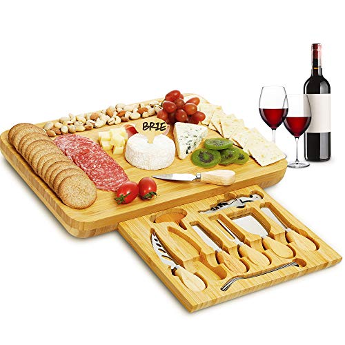 IPOW Cheese Board and Knife Set, Premium Bamboo Charcuterie Cheese Platter Cutting Board for Cheese Lovers Family Gatherings, Gifts for Mom, for Wedding Registry Housewarming Anniversary and Birthday