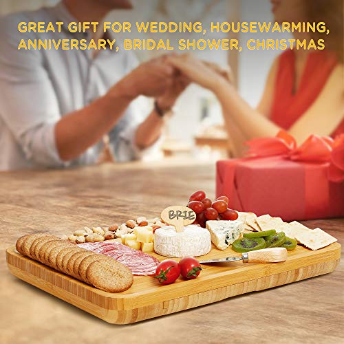 IPOW Cheese Board and Knife Set, Premium Bamboo Charcuterie Cheese Platter Cutting Board for Cheese Lovers Family Gatherings, Gifts for Mom, for Wedding Registry Housewarming Anniversary and Birthday