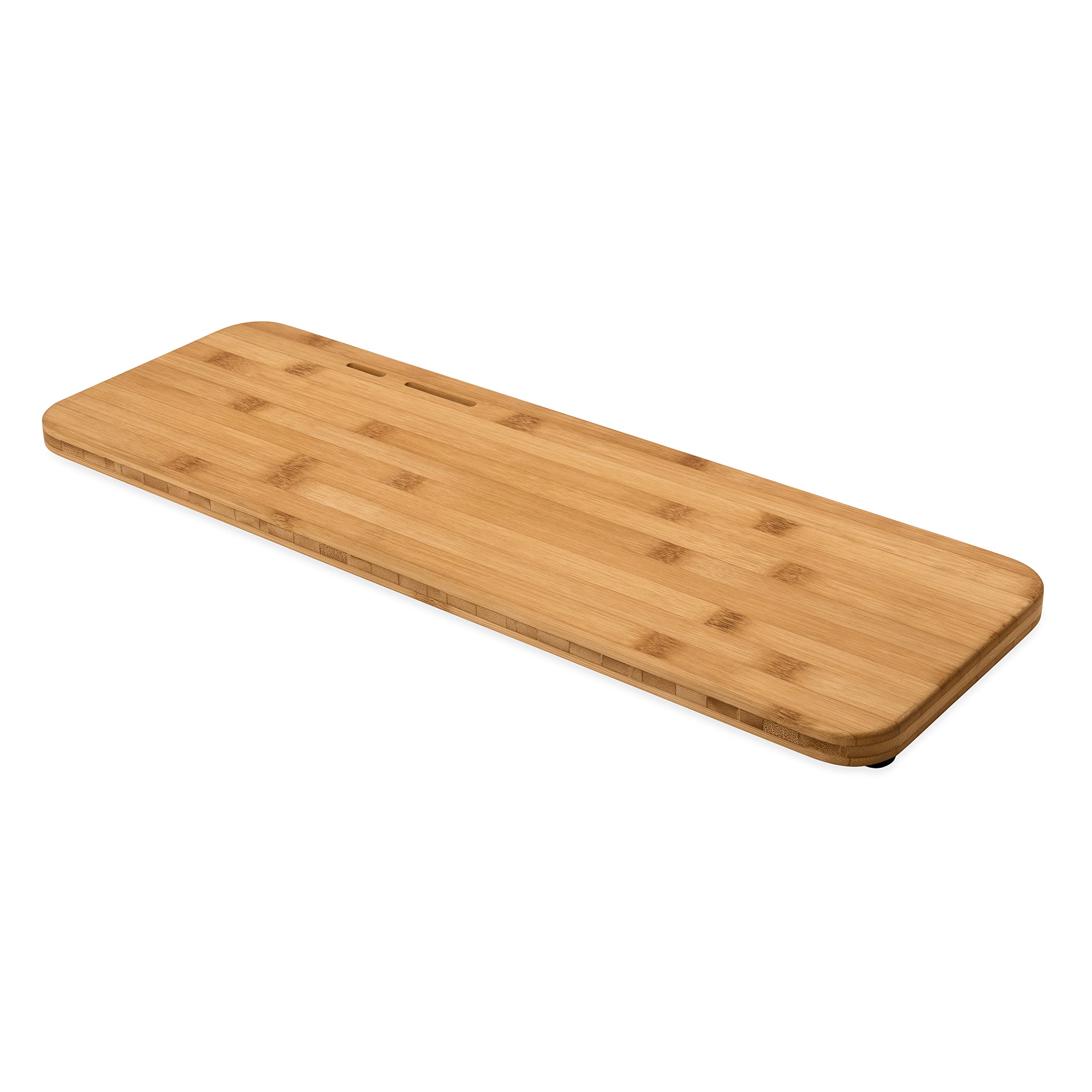 Camco RV/Marine Over The Sink Cutting Board | Features Adjustable Non-Slip Feet, Built-in Knife Slots, and a Durable 3-Ply Bamboo Construction | 24-inches x 8-inches (43543), Brown