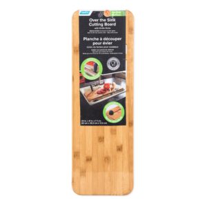 Camco RV/Marine Over The Sink Cutting Board | Features Adjustable Non-Slip Feet, Built-in Knife Slots, and a Durable 3-Ply Bamboo Construction | 24-inches x 8-inches (43543), Brown