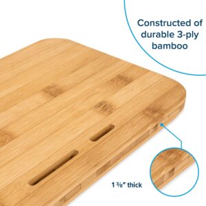 Camco RV/Marine Over The Sink Cutting Board | Features Adjustable Non-Slip Feet, Built-in Knife Slots, and a Durable 3-Ply Bamboo Construction | 24-inches x 8-inches (43543), Brown