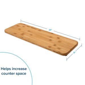 Camco RV/Marine Over The Sink Cutting Board | Features Adjustable Non-Slip Feet, Built-in Knife Slots, and a Durable 3-Ply Bamboo Construction | 24-inches x 8-inches (43543), Brown