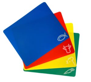 4pc cutting boards flexible plastic color coded mats food icons meat vegetable fish chicken chopping small busy kitchen countertops catering thanksgiving picnic dinner party 9.75’’ x 11.75’’