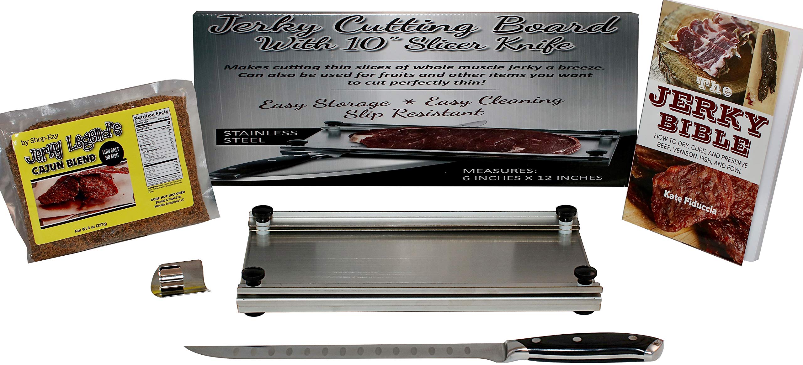 Jerky Maker Cutting Board With Professional Slicing and Carving Knife 8oz Pack of Seasoning and How to Book (1)